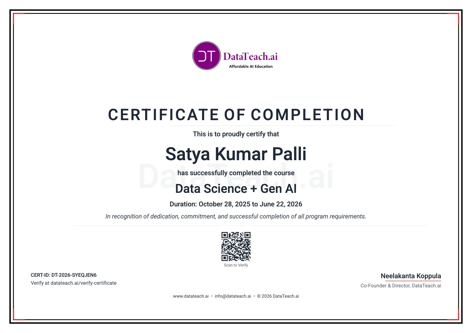 Sample DataTeach.ai certificate of completion for Agentic AI